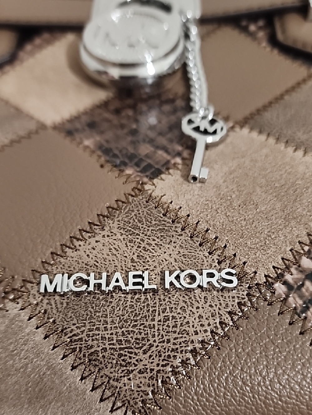 Michael Kors Taupe Patchwork Leather Satchel with Signature Charm - Picture 13 of 13